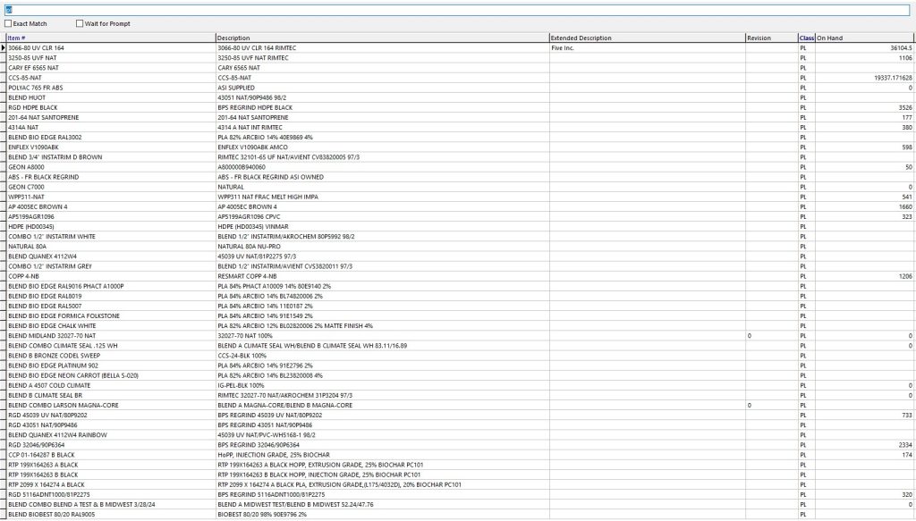 Spreadsheet displaying a list of items with columns for item code, description, and additional details, related to the implementation of a new ERP system.