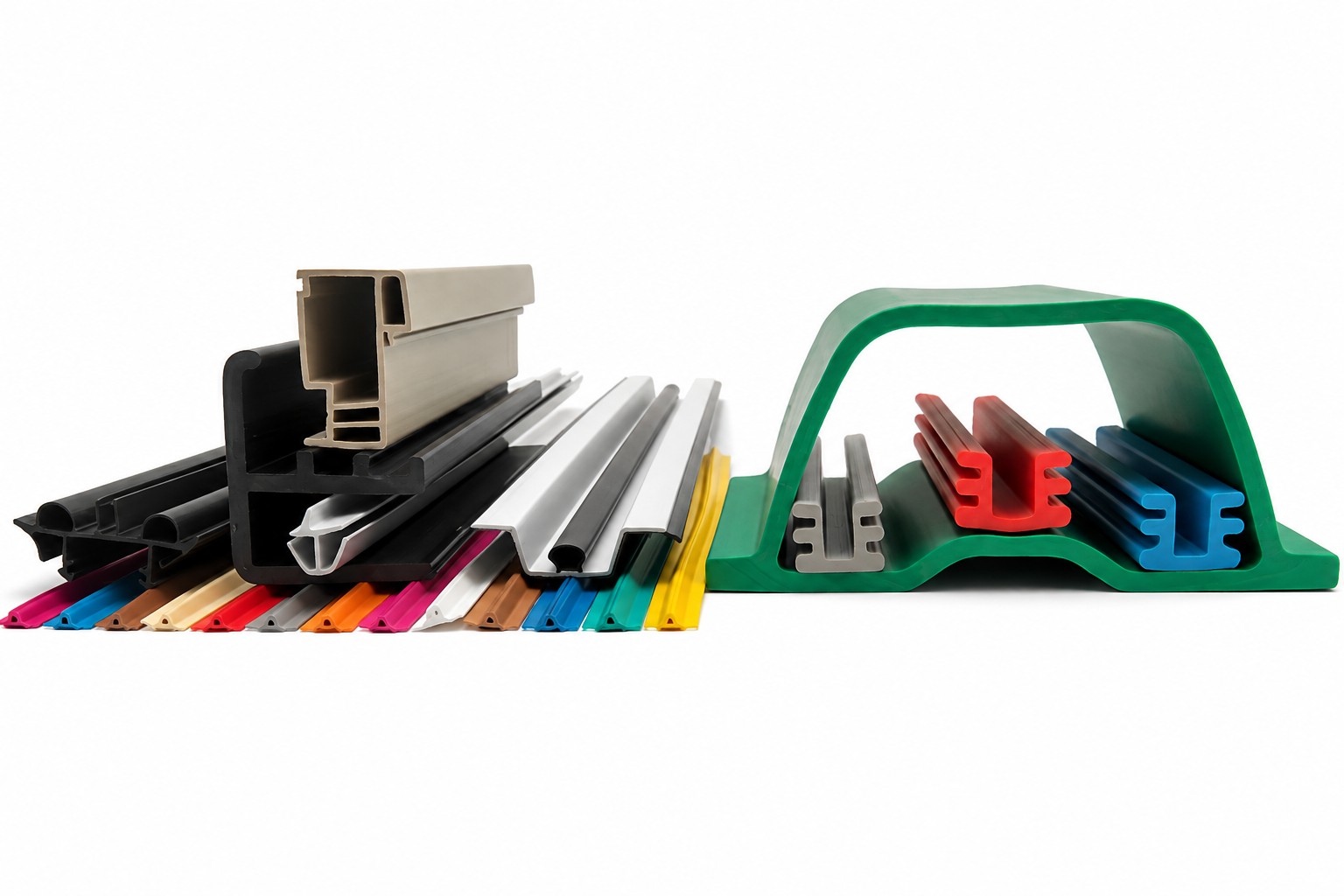 Various colorful plastic extrusion profiles displayed in a row, showcasing BioPlastic Solutions' diverse product offerings.