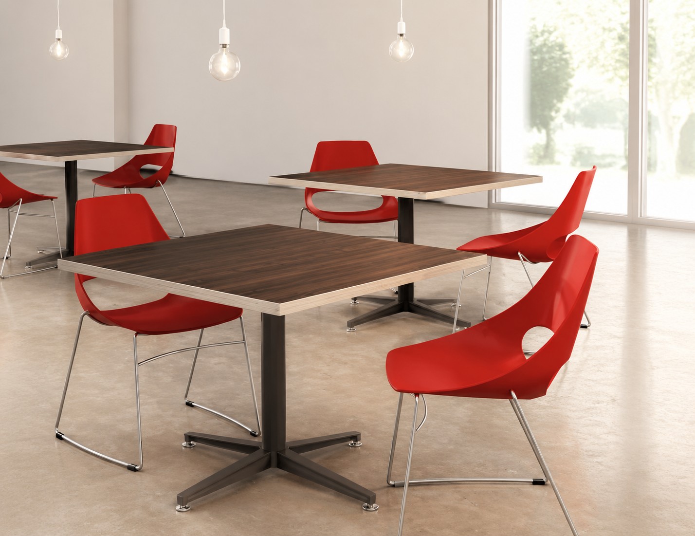 Modern cafeteria setting with red chairs and wooden tables, showcasing BioPlastic Solutions' BioEdge® Edgebanding on table edges.