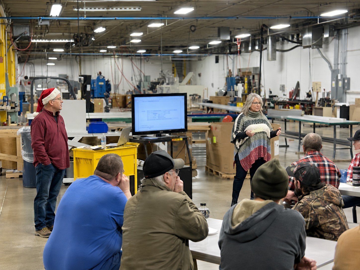 Employees in a manufacturing facility attend a presentation, with a woman speaking and a man standing nearby, while a screen displays information.