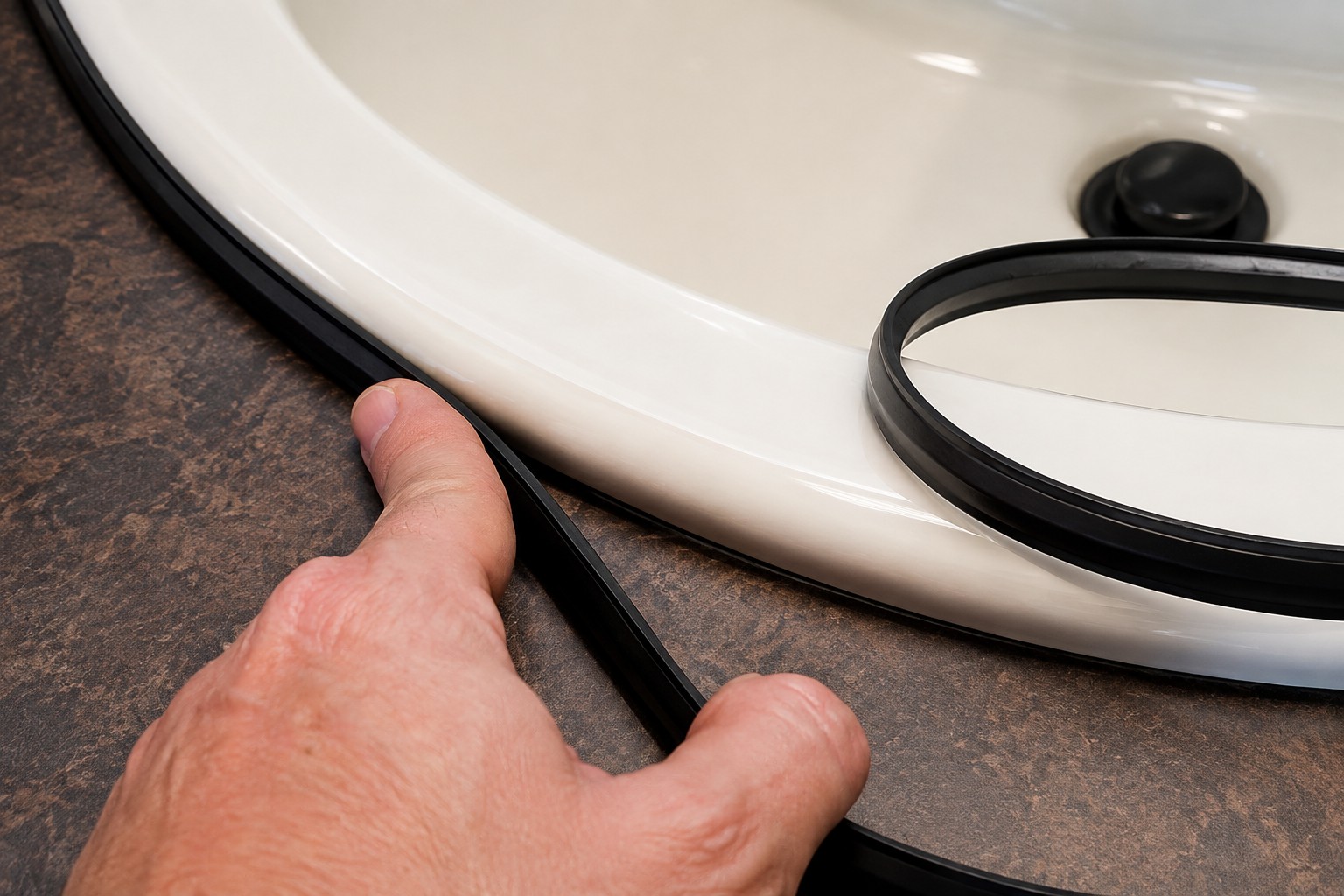 Hand applying black Instatrim flexible trim around a bathroom sink edge.
