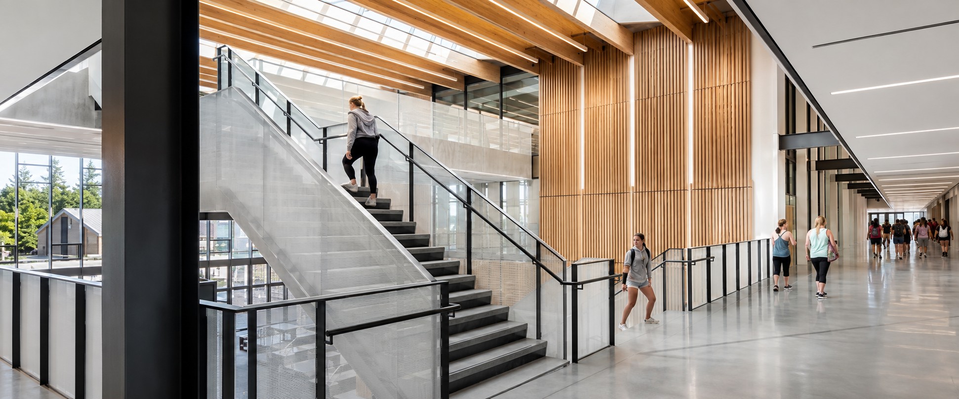 Modern interior of a public building with people walking and using a staircase, featuring large windows and wooden accents, illustrating engineered extrusions for public applications.
