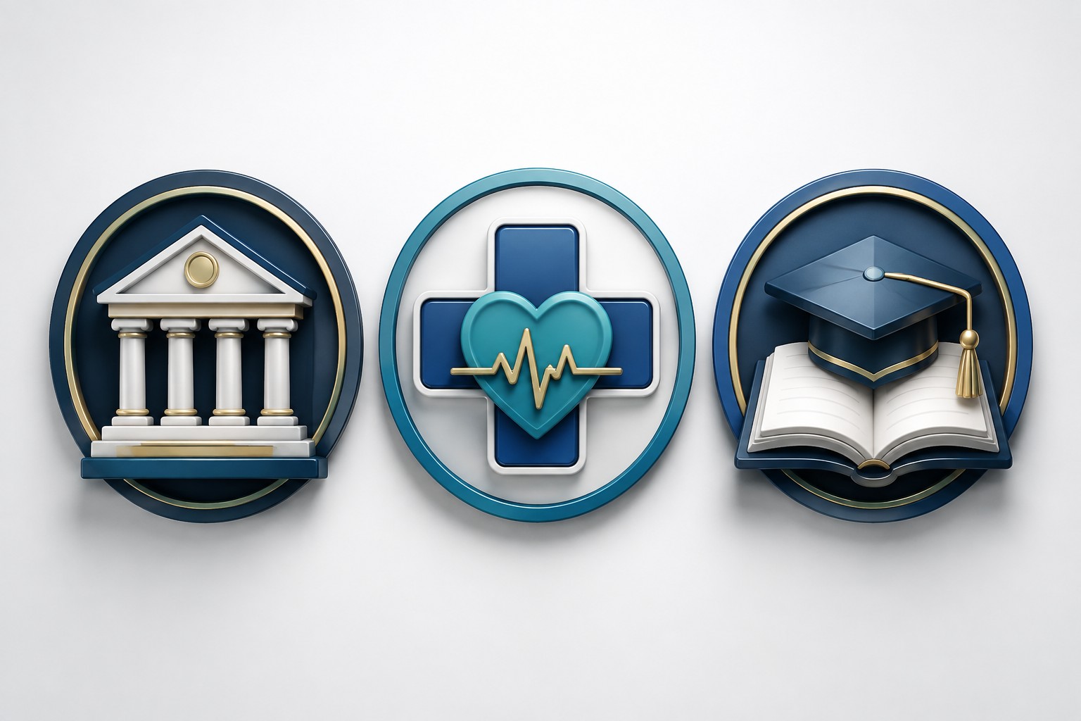 Icons representing government, healthcare, and education: a government building, a medical cross with a heart and heartbeat line, and a graduation cap with an open book.