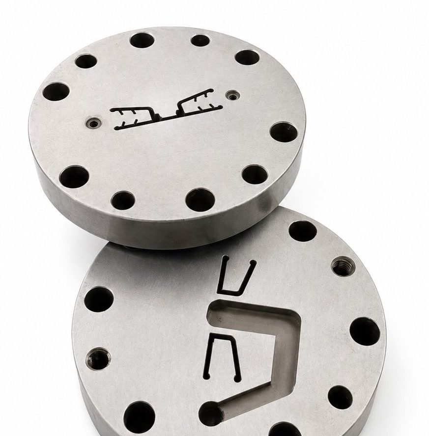 Multi-material extrusion die showcasing precision tooling design, relevant to BioPlastic Solutions' custom manufacturing capabilities.