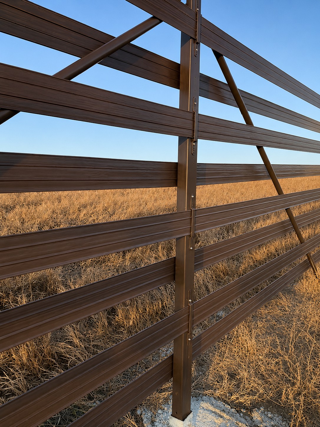 Brown snow fence installed in a grassy field under a clear blue sky, illustrating BioPlastic Solutions' product for controlling snow drift.