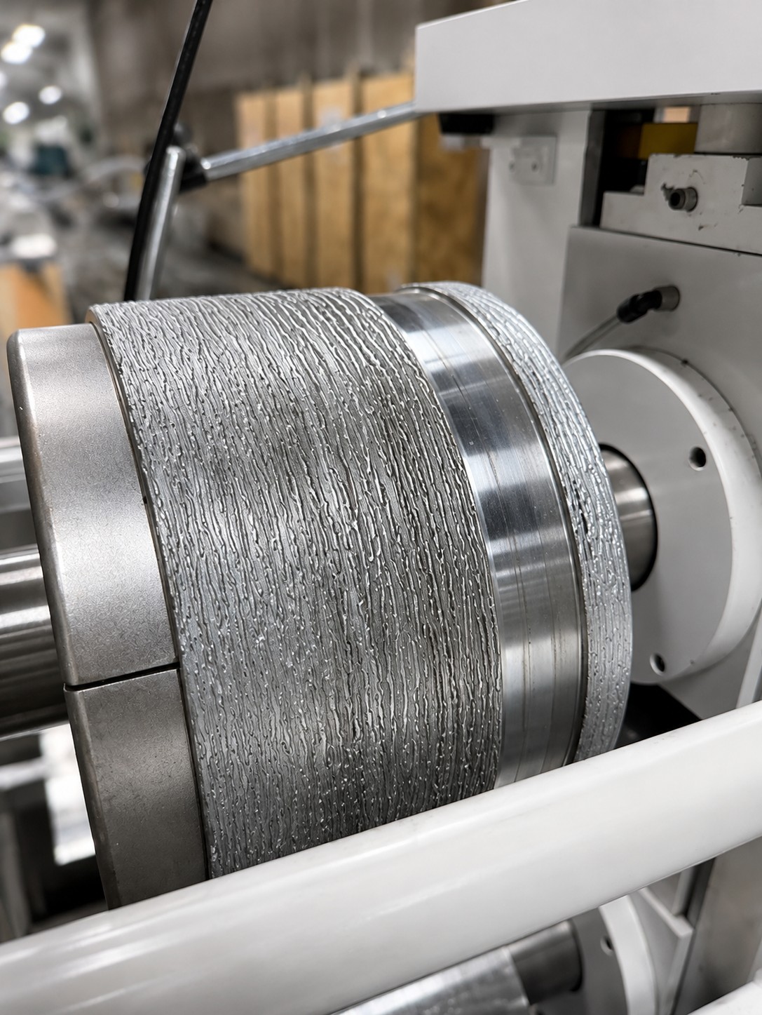 Close-up of a textured metal component in a twin screw extrusion machine, illustrating precision processing in plastic manufacturing.
