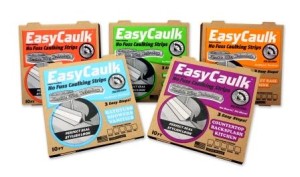Five boxes of EasyCaulk No Fuss Caulking Strips in various colors, showcasing packaging design.