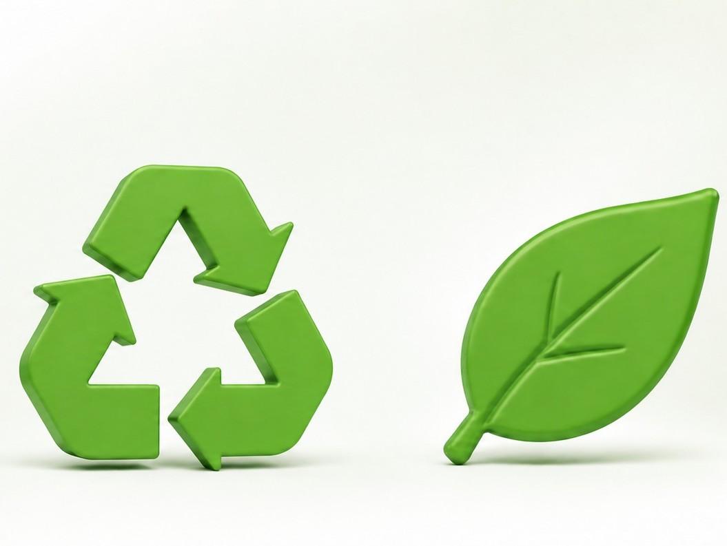 Green recycling symbol and leaf icon representing sustainability and eco-friendly practices.